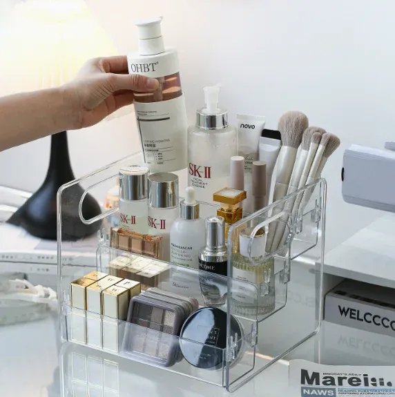 Organisateur de cosmétiques de bureau en acrylique transparent, panier de rangement incliné pour maquillage, rouge à lèvres, parfum, masque facial et plus, 1 pièce 2