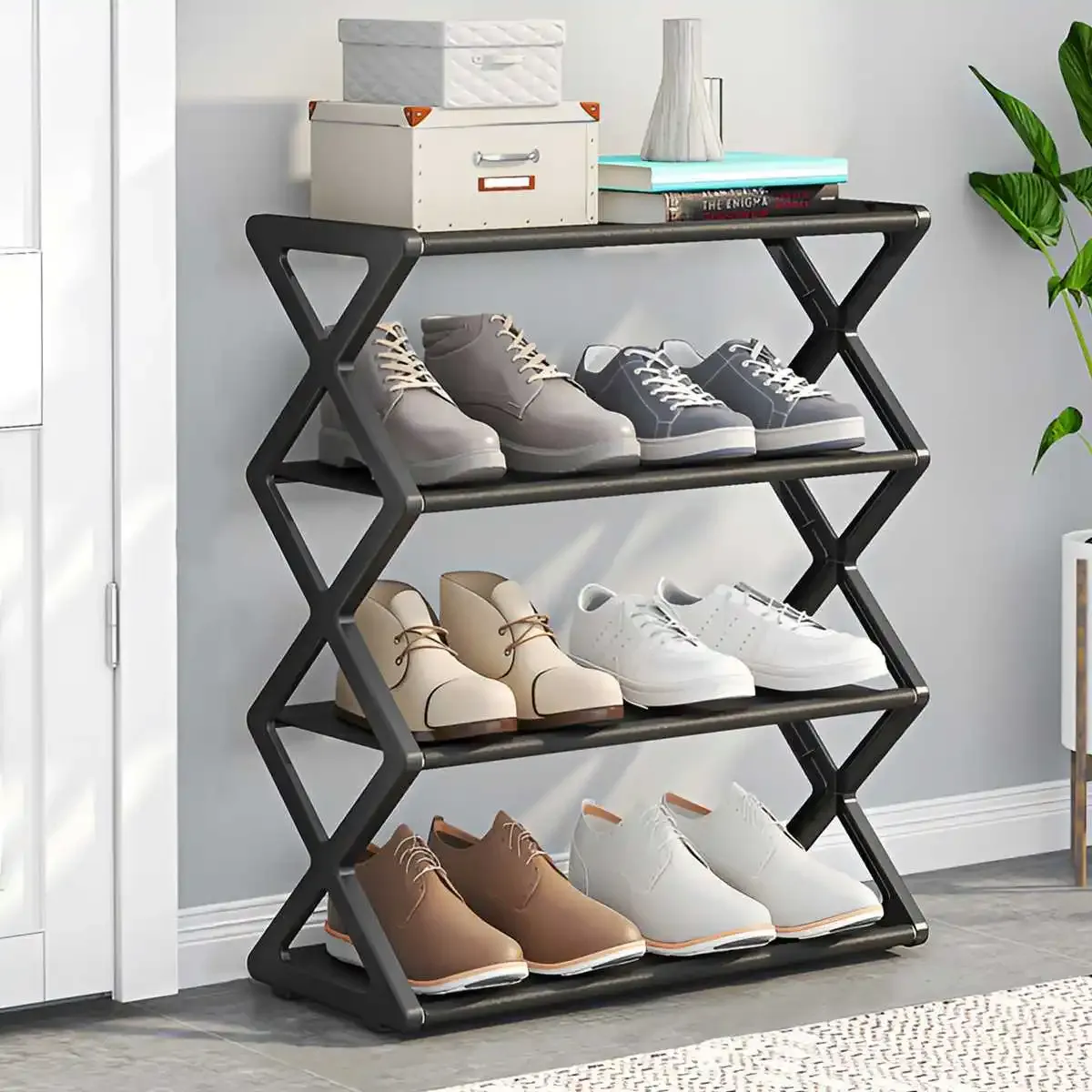 Étagère à chaussures en X à 4 niveaux, multifonctionnelle et anti-poussière, idéale pour dortoirs, entrées, couloirs et chambres à coucher 3