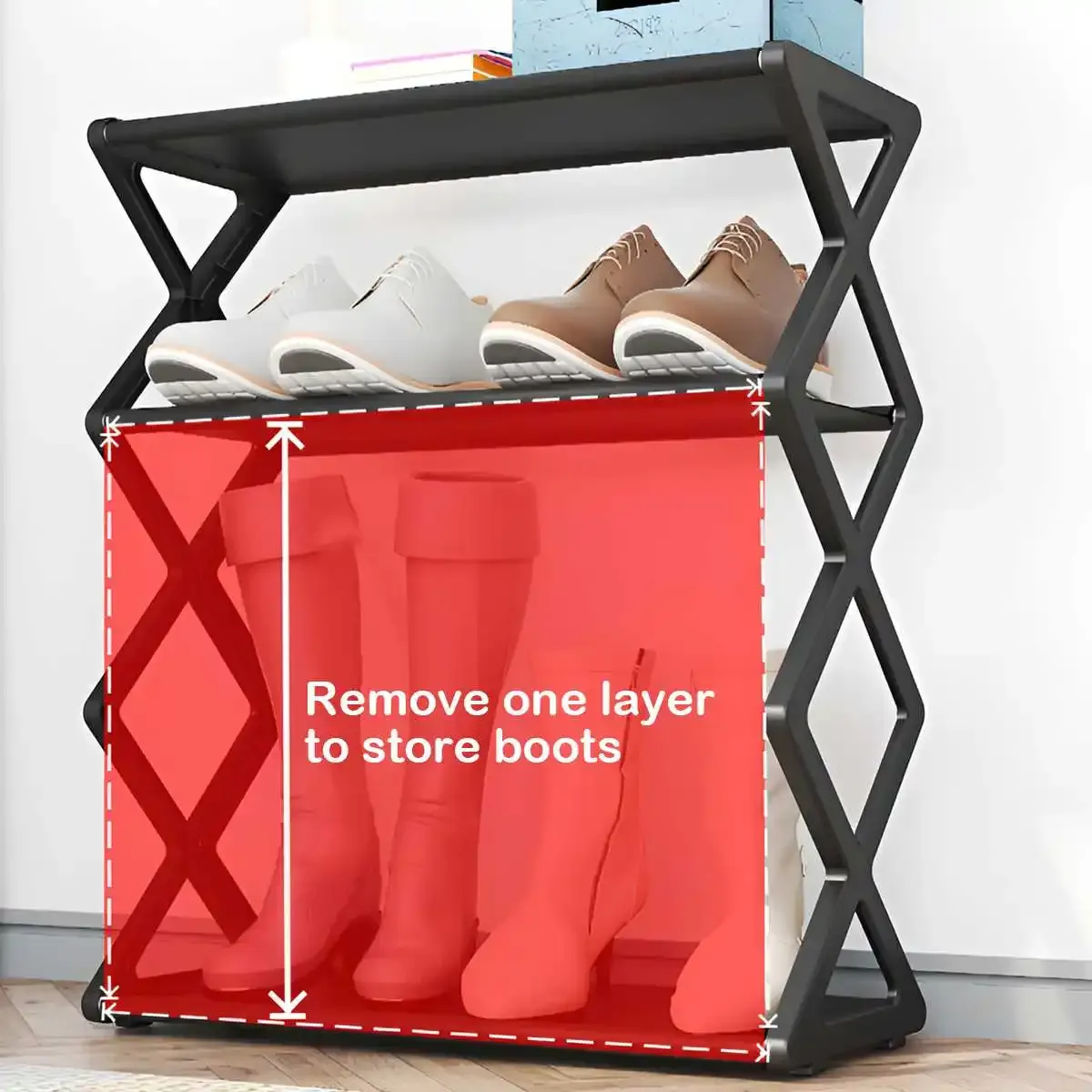 Étagère à chaussures en X dans une entrée