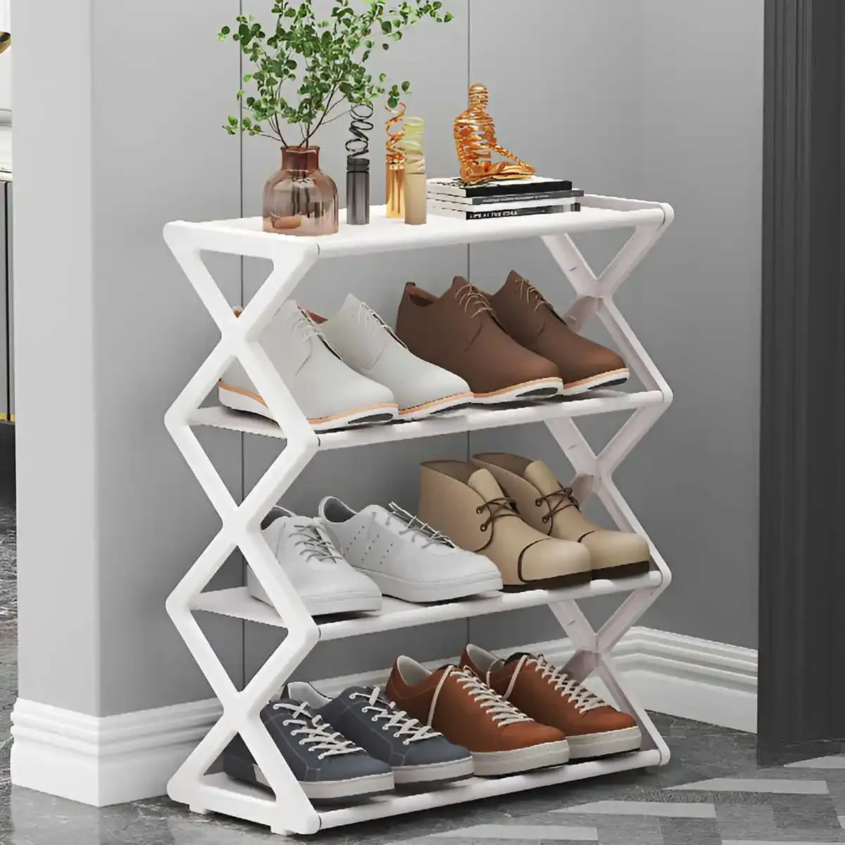 Étagère à chaussures en X dans un couloir
