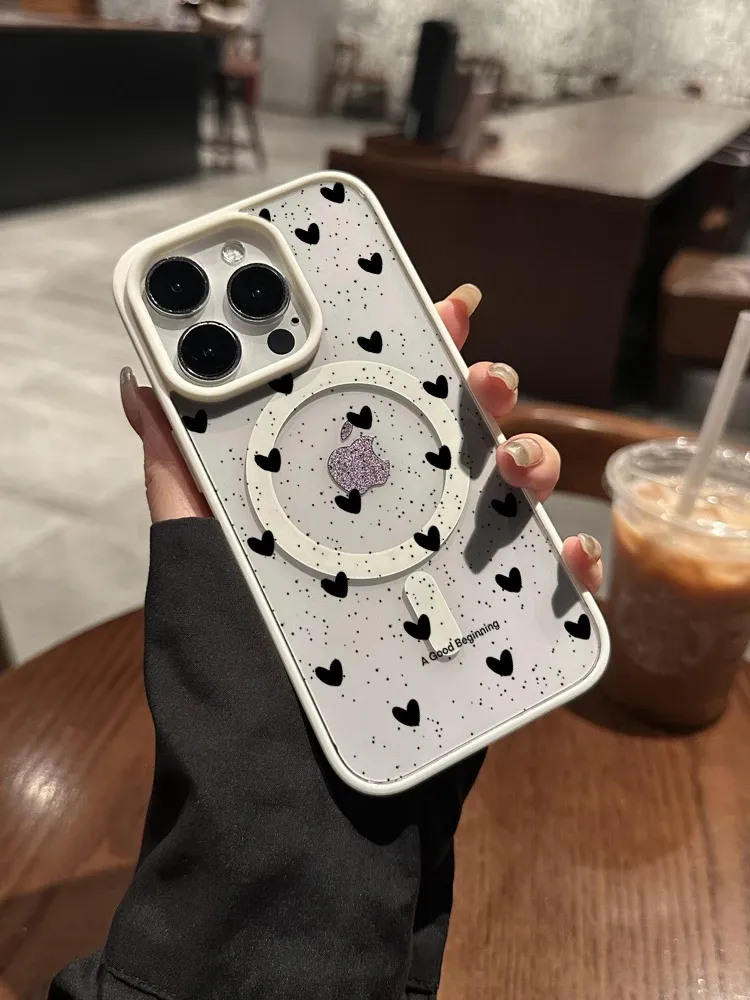 Coque transparente à pois en forme de cœur, simple, compatible MagSafe, iPhone 14 Pro Max, 17, 15, 14, 11, 13, 12, ProMax, Plus, charge sans fil, TPU 6