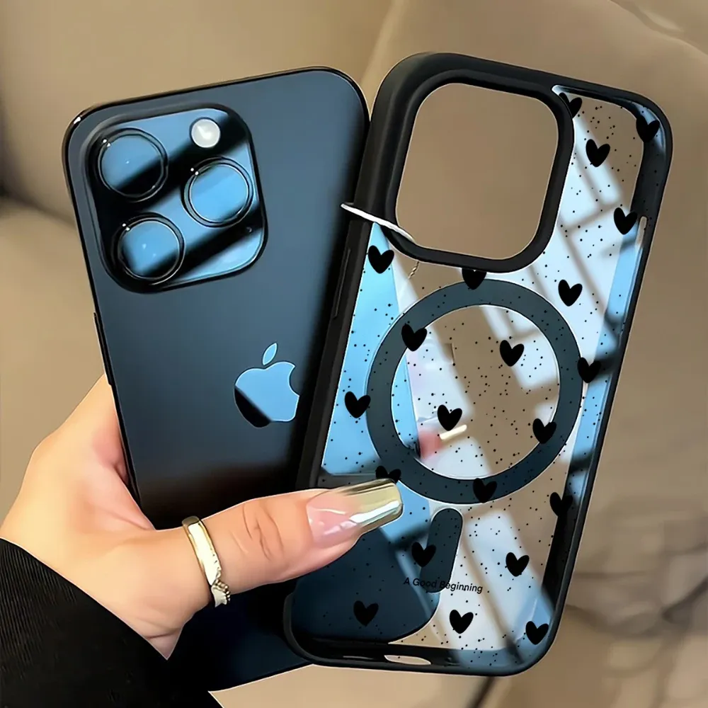 Coque transparente à pois en forme de cœur, simple, compatible MagSafe, iPhone 14 Pro Max, 17, 15, 14, 11, 13, 12, ProMax, Plus, charge sans fil, TPU 11