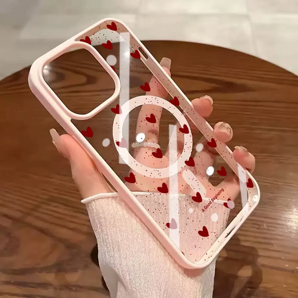 Coque transparente à pois en forme de cœur, simple, compatible MagSafe, iPhone 14 Pro Max, 17, 15, 14, 11, 13, 12, ProMax, Plus, charge sans fil, TPU 12