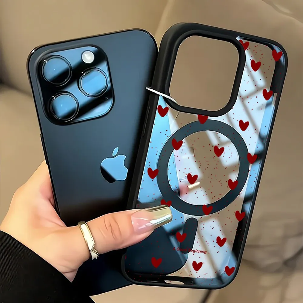 Coque transparente à pois en forme de cœur, simple, compatible MagSafe, iPhone 14 Pro Max, 17, 15, 14, 11, 13, 12, ProMax, Plus, charge sans fil, TPU 7