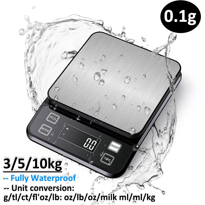 Balance de cuisine électronique 3/5/10 kg, précision 0,1 g, écran LCD, étanche, acier inoxydable