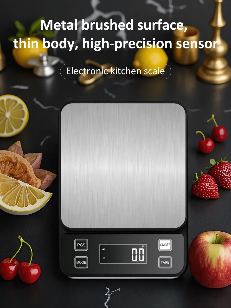 Balance de cuisine électronique en acier inoxydable, vue d'ensemble
