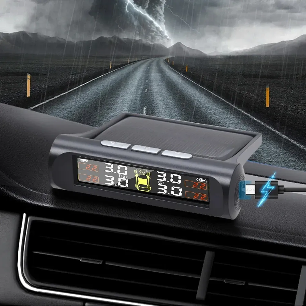 Capteur de pression des pneus solaire TPMS, système de surveillance de la pression des pneus de voiture avec capteurs internes et externes pour 4 roues 2