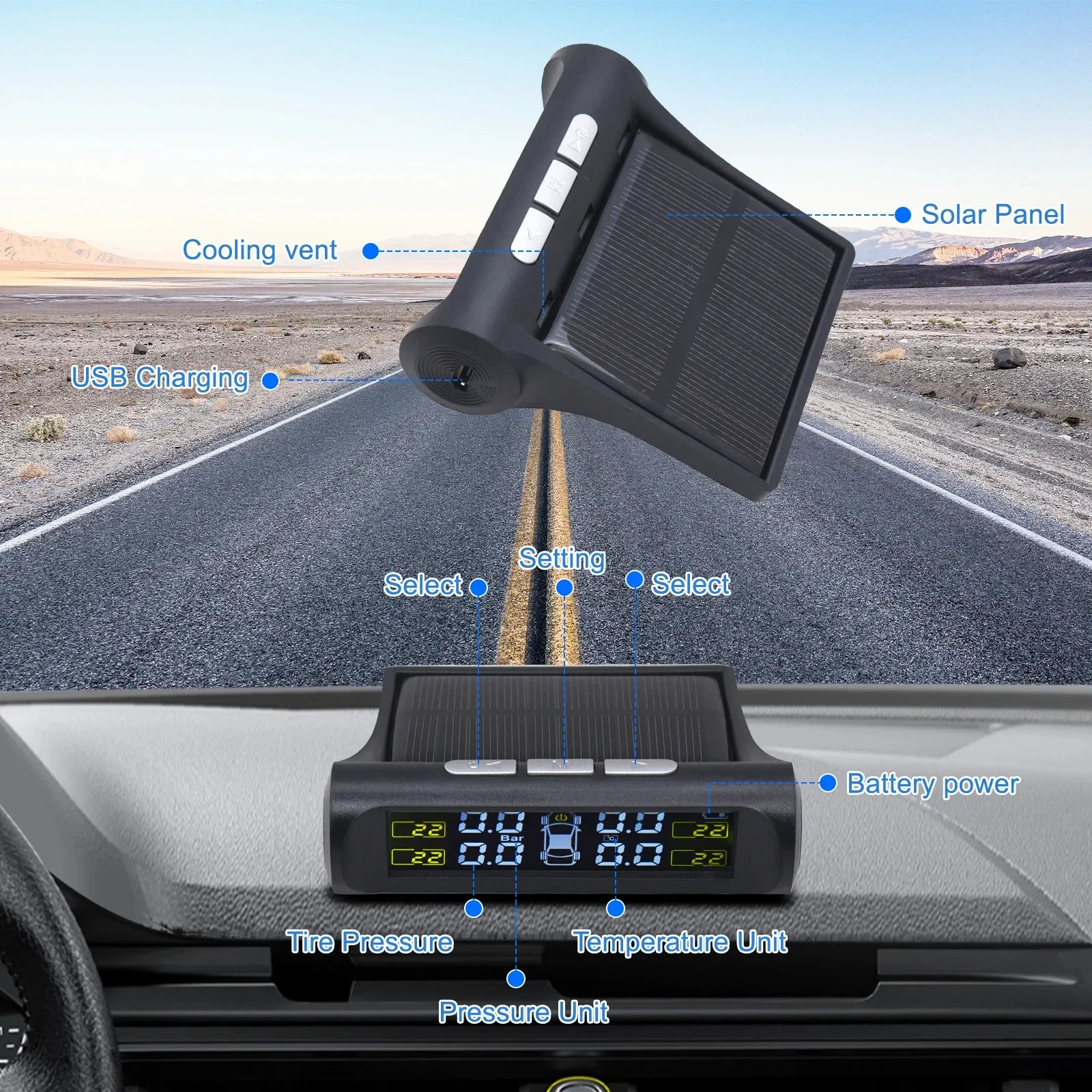 Capteur de pression des pneus solaire TPMS, système de surveillance de la pression des pneus de voiture avec capteurs internes et externes pour 4 roues 5