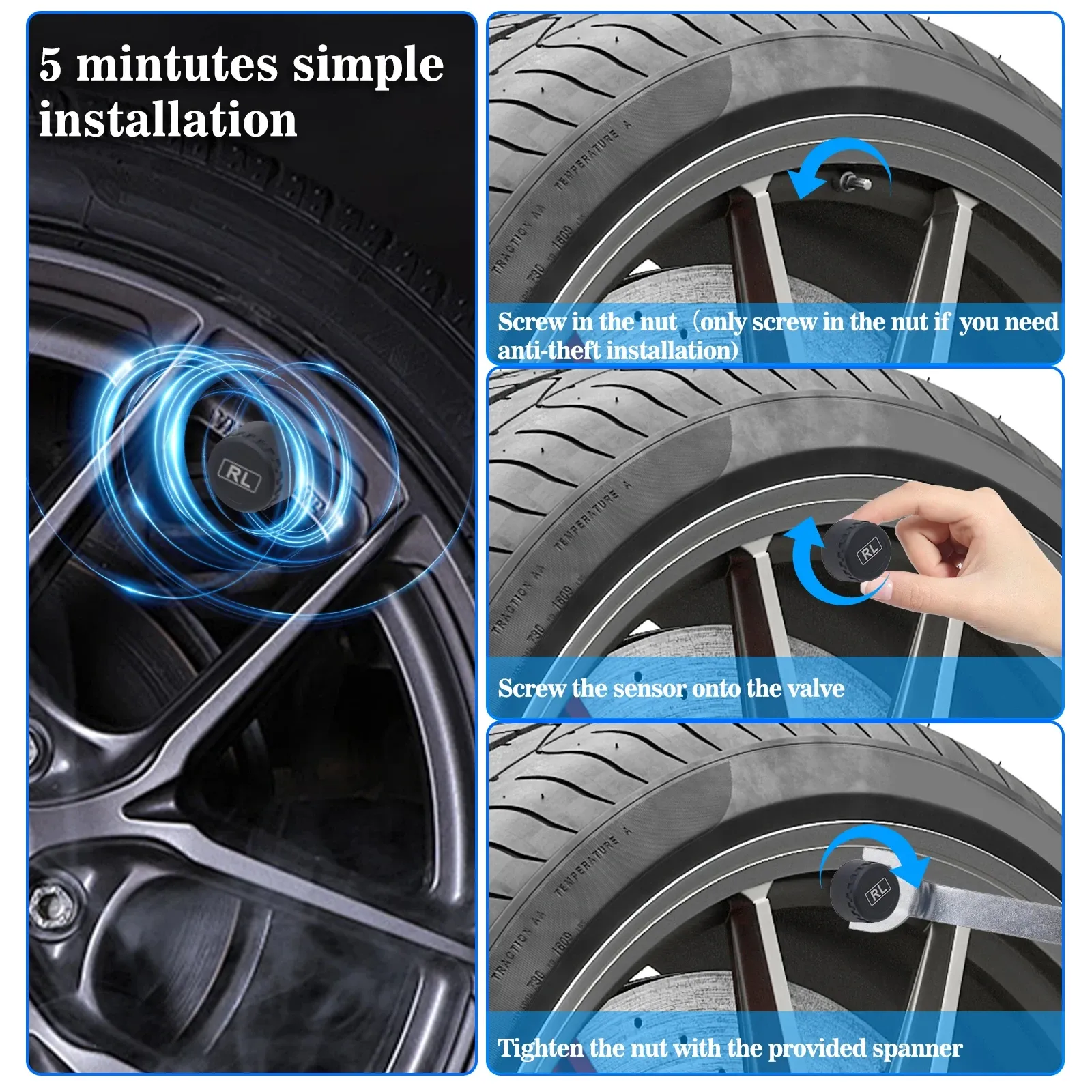 Capteur de pression des pneus solaire TPMS, système de surveillance de la pression des pneus de voiture avec capteurs internes et externes pour 4 roues 6