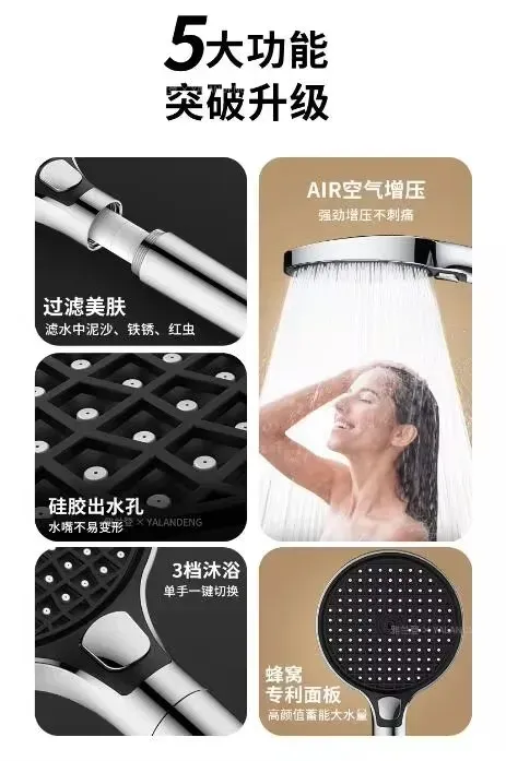 Pommeau de douche haute pression grand panneau 15 cm avec filtre, 3 modes de jet, effet pluie 5