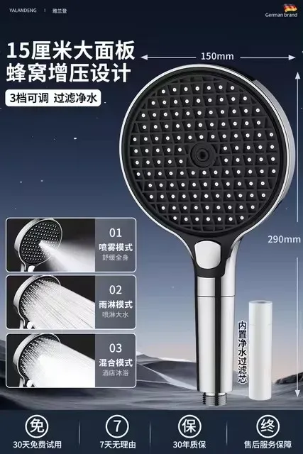 Pommeau de douche haute pression grand panneau 15 cm avec filtre, 3 modes de jet, effet pluie 7