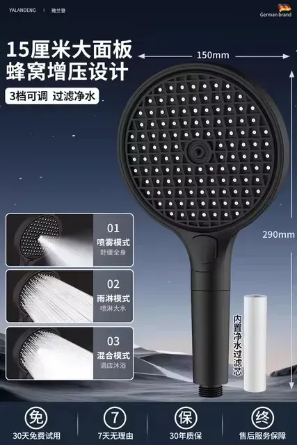 Pommeau de douche haute pression grand panneau 15 cm avec filtre, 3 modes de jet, effet pluie 8
