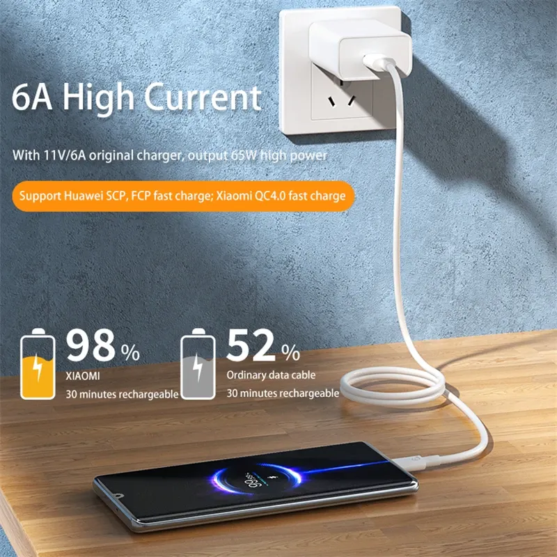Câble USB-C de charge ultra rapide 6A pour Huawei, Honor, Xiaomi, Redmi, OPPO, VIVO, realme, iQOO et Android, câble de chargeur rapide 2 m 4