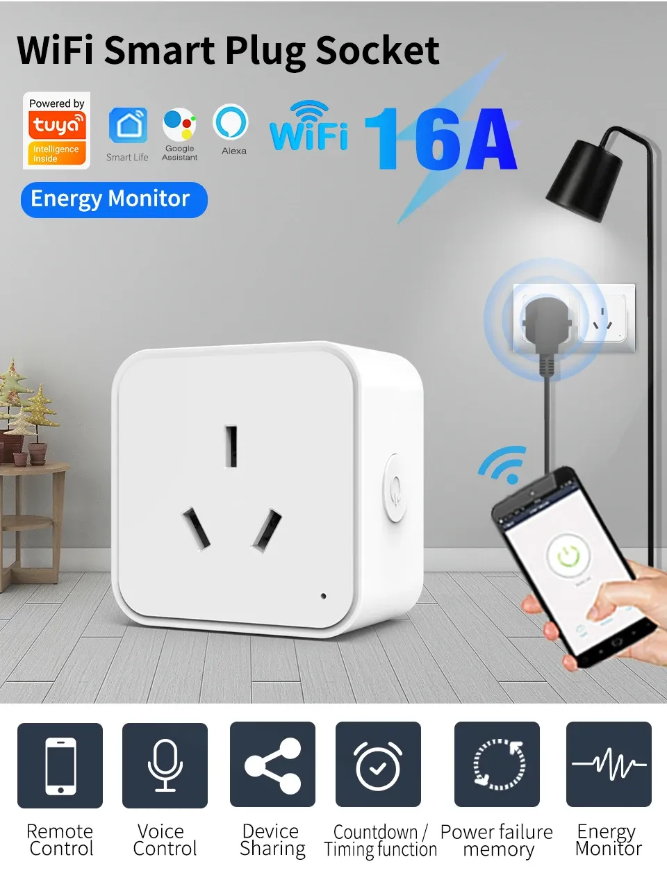 Prise intelligente Tuya WiFi dans un intérieur moderne