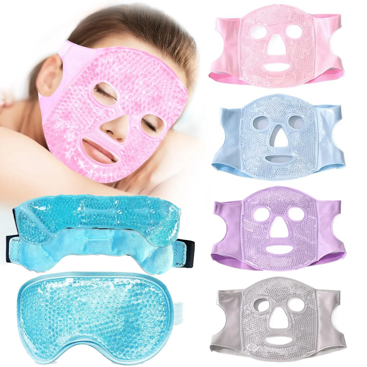Masque rafraîchissant en gel pour le visage et les yeux avec pack de glace, compatible chaud/froid, masque de sommeil spa en peluche pour raffermir la peau et réduire les poches