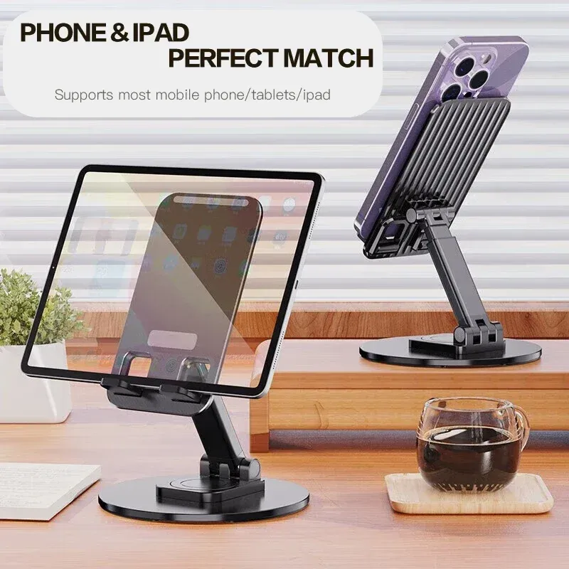 Support de téléphone universel de bureau pliable à rotation 360°, multi-angles, base métallique antidérapante, compatible iPhone, Xiaomi et Samsung 2