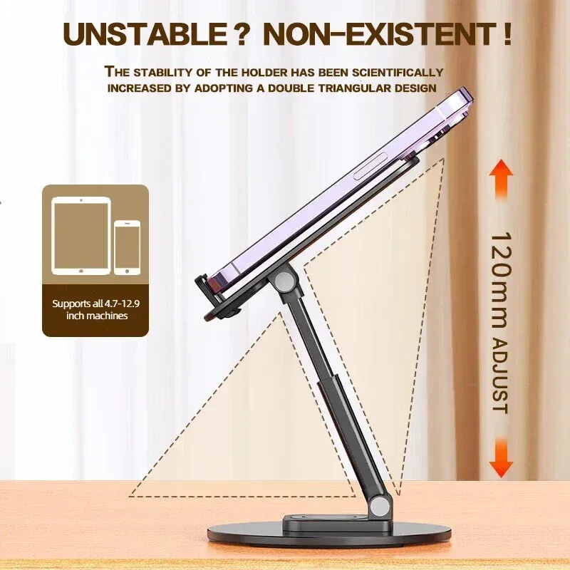 Support de téléphone universel de bureau pliable à rotation 360°, multi-angles, base métallique antidérapante, compatible iPhone, Xiaomi et Samsung 3