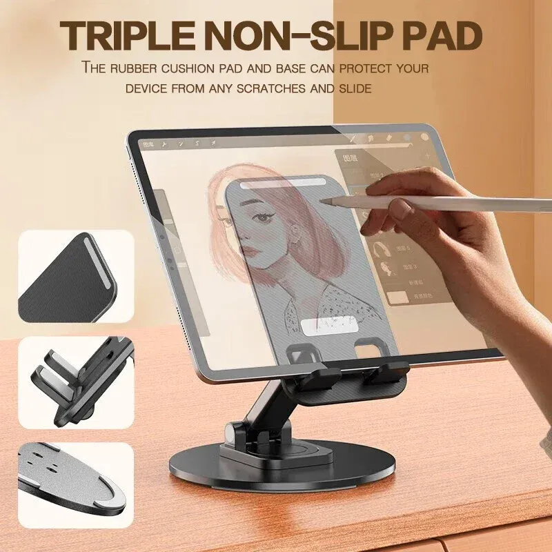 Support de téléphone universel de bureau pliable à rotation 360°, multi-angles, base métallique antidérapante, compatible iPhone, Xiaomi et Samsung 4