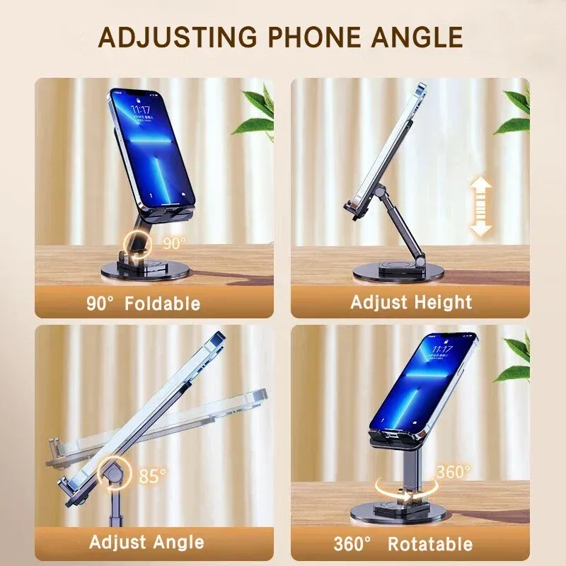 Support de téléphone universel de bureau pliable à rotation 360°, multi-angles, base métallique antidérapante, compatible iPhone, Xiaomi et Samsung 6