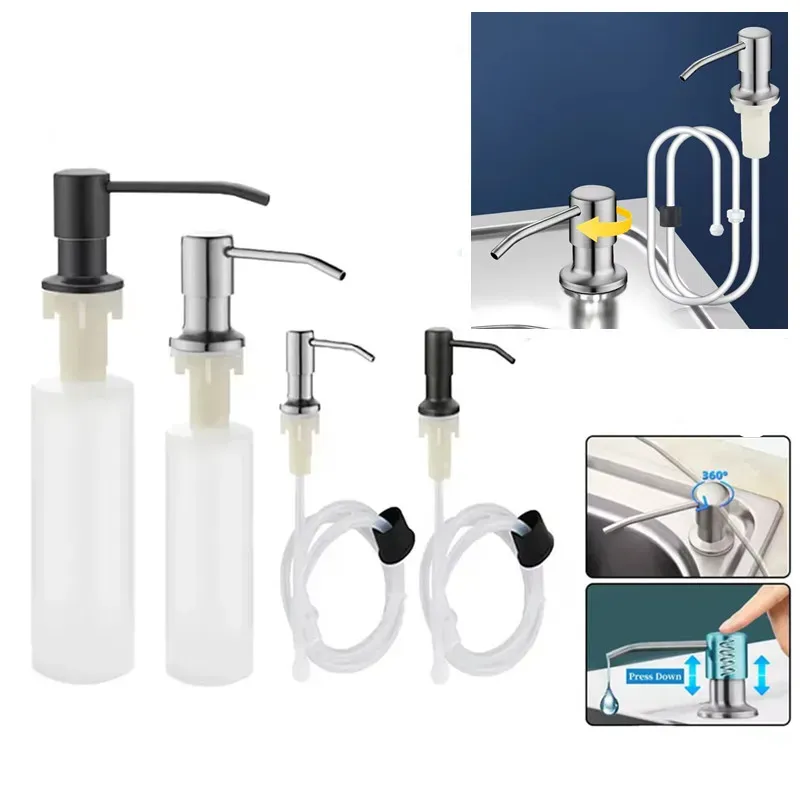 Distributeur de savon liquide en acier inoxydable de 500 ml pour évier de cuisine, à pompe et à montage sur évier
