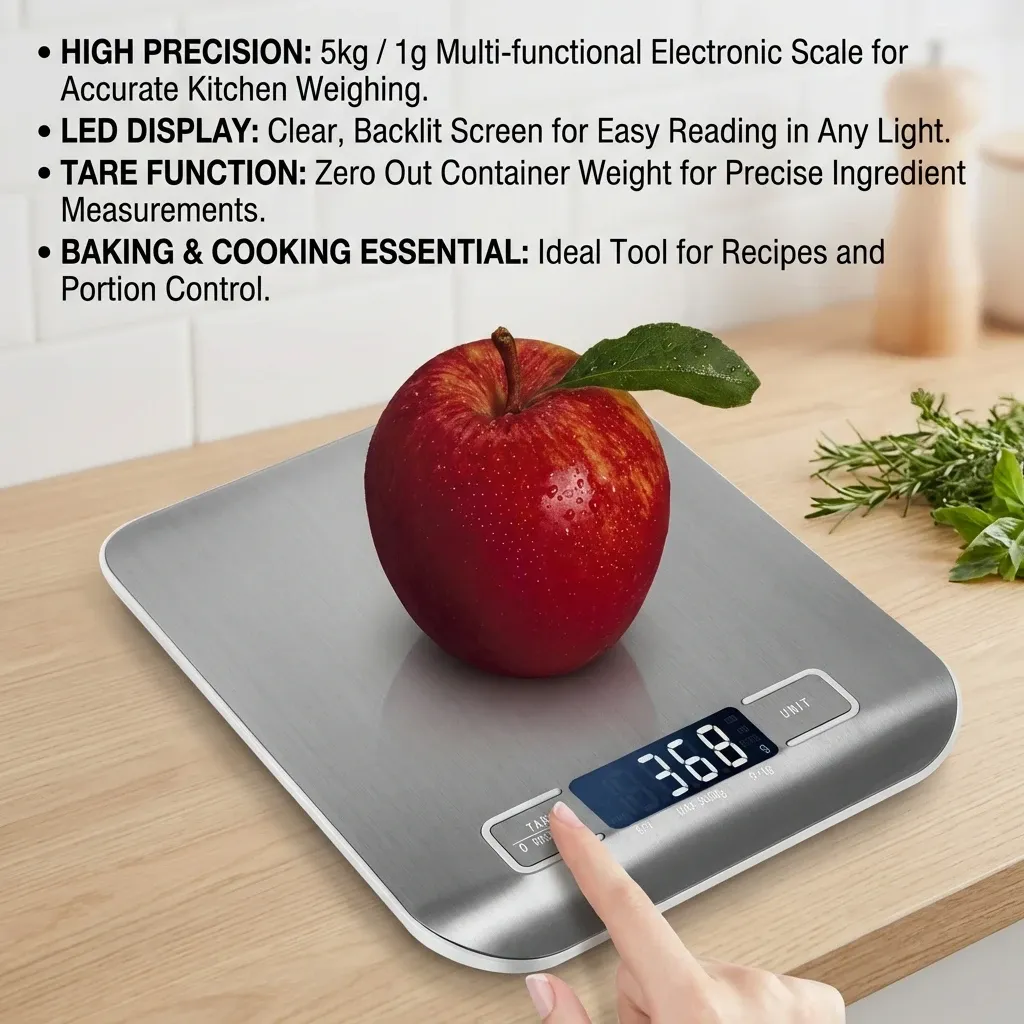 Balance de cuisine numérique en acier inoxydable à écran LED, 5 kg / 1 g 4