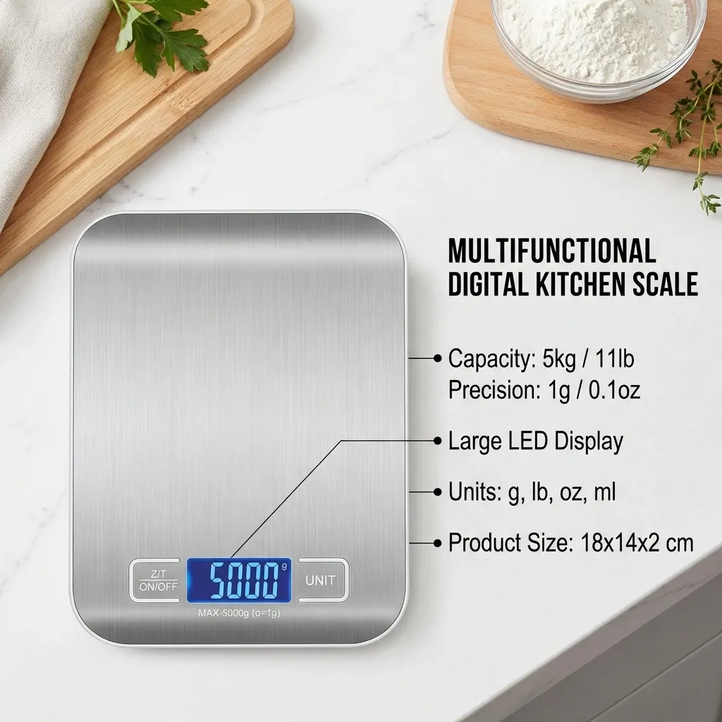 Balance de cuisine numérique en acier inoxydable à écran LED, 5 kg / 1 g 5
