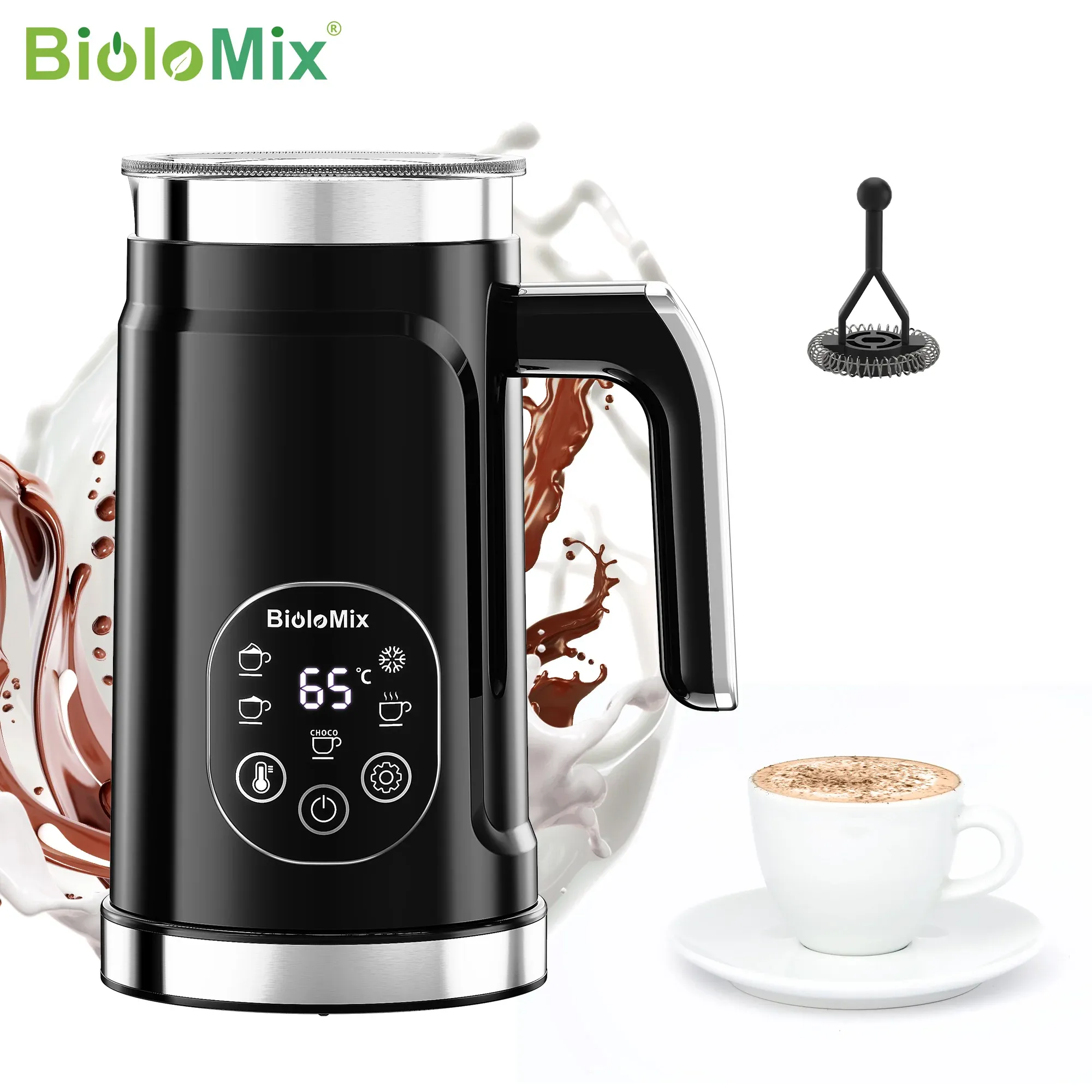 BioloMix Mousseur à lait 5 en 1 avec écran tactile LED amélioré – Machine à mousse chaude et froide, chauffe-lait pour café latte - Image 1