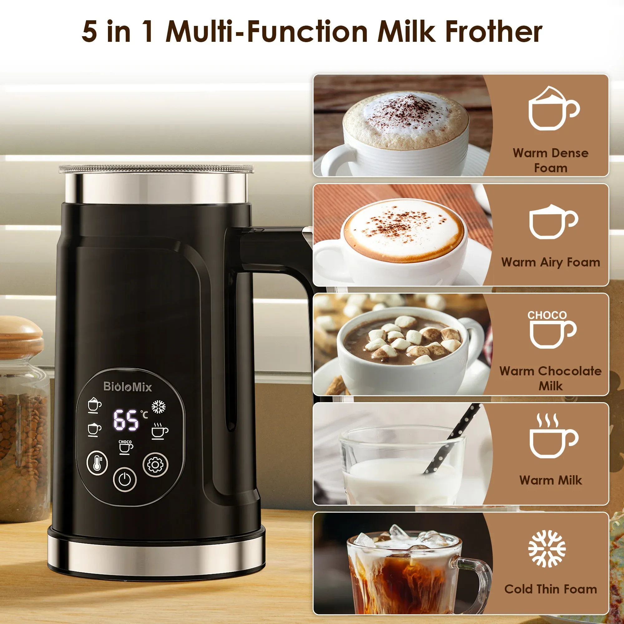 BioloMix Mousseur à lait 5 en 1 avec écran tactile LED amélioré – Machine à mousse chaude et froide, chauffe-lait pour café latte 4