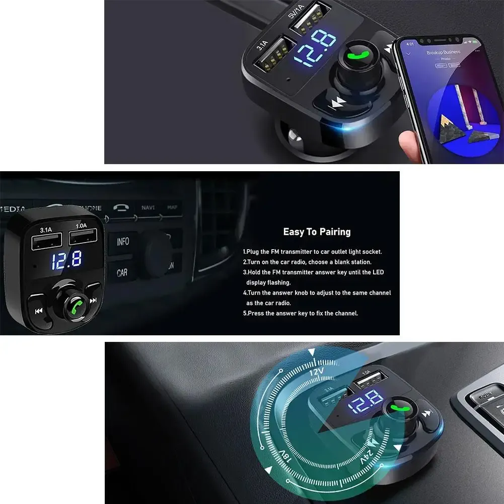 Chargeur de voiture avec transmetteur FM Bluetooth – Double port USB, kit mains libres et lecture stéréo MP3 3
