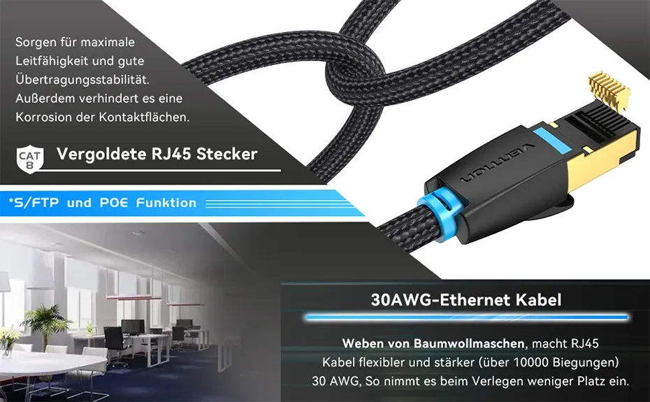 Câble Ethernet Cat8 tressé, finition premium