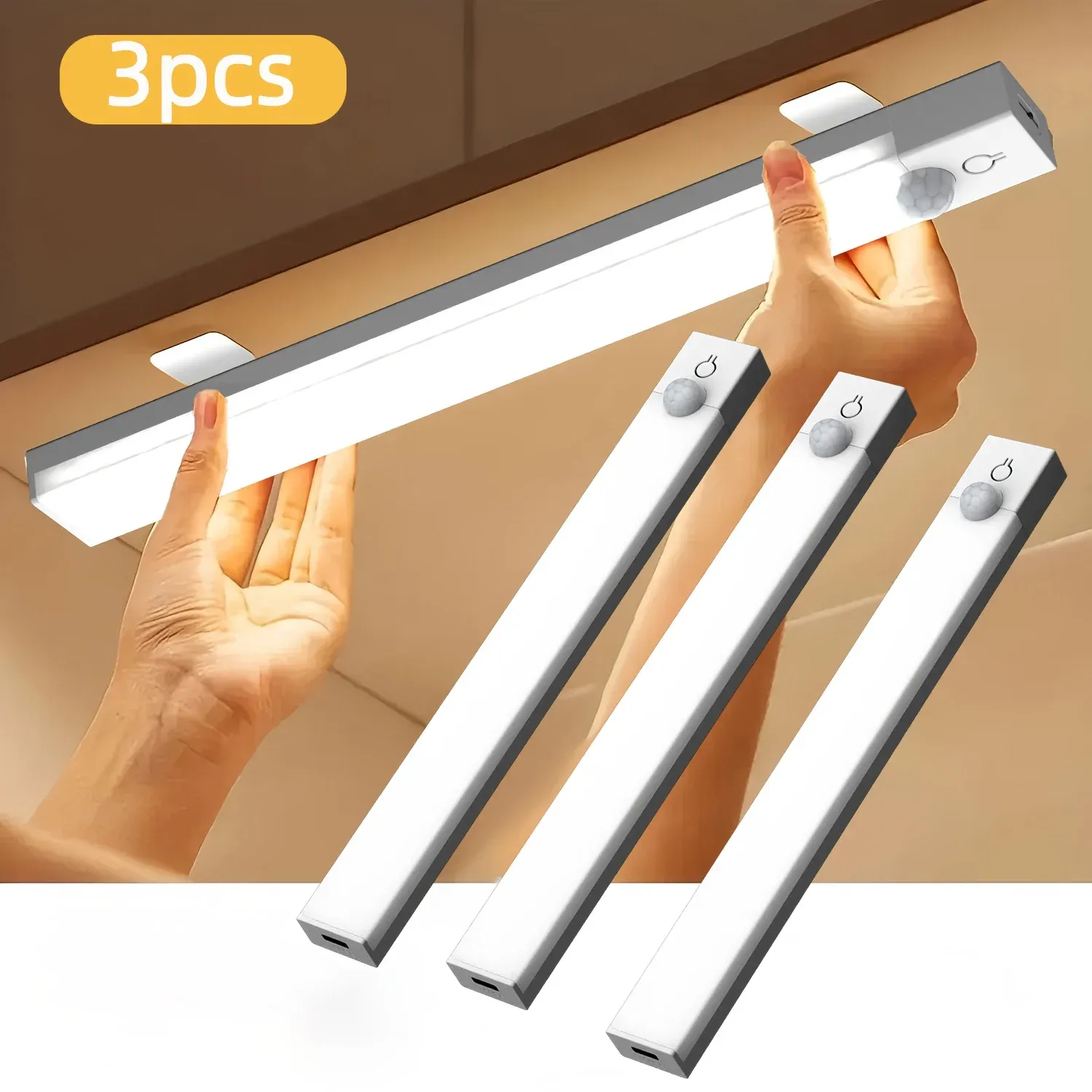 Veilleuse LED à détecteur de mouvement, lot de 3, éclairage d'armoire à intensité variable, rechargeable par USB, 3 modes de couleur, pour chambre, escalier, cuisine et autres pièces - Image 1