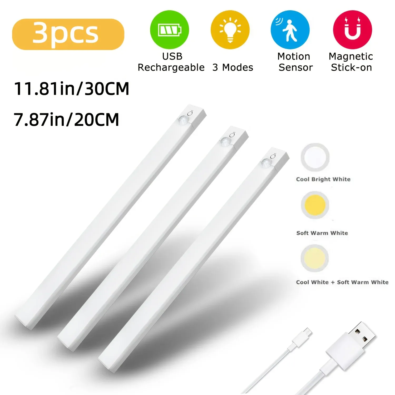 Veilleuse LED à détecteur de mouvement, lot de 3, éclairage d'armoire à intensité variable, rechargeable par USB, 3 modes de couleur, pour chambre, escalier, cuisine et autres pièces 2