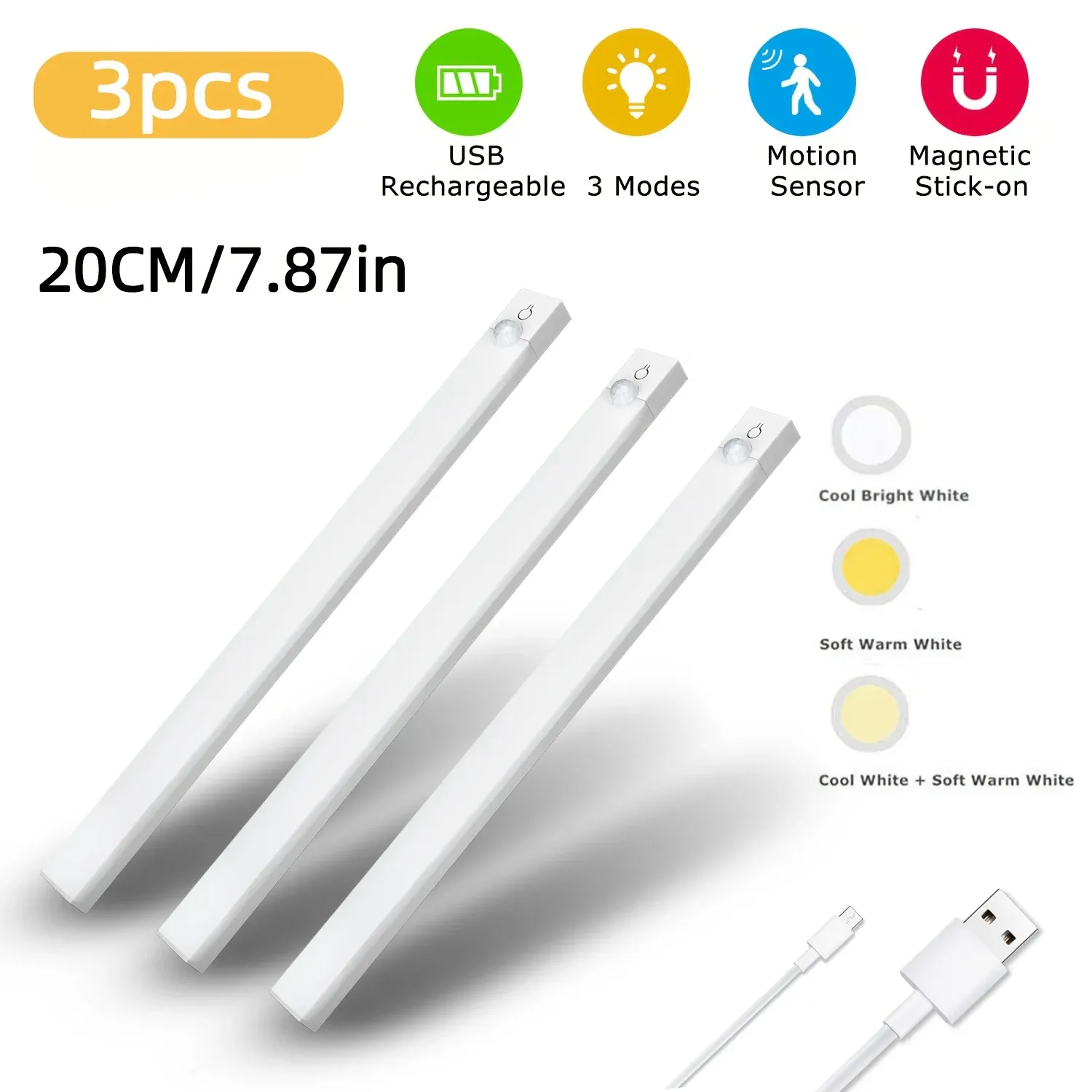 Veilleuse LED à détecteur de mouvement, lot de 3, éclairage d'armoire à intensité variable, rechargeable par USB, 3 modes de couleur, pour chambre, escalier, cuisine et autres pièces 3