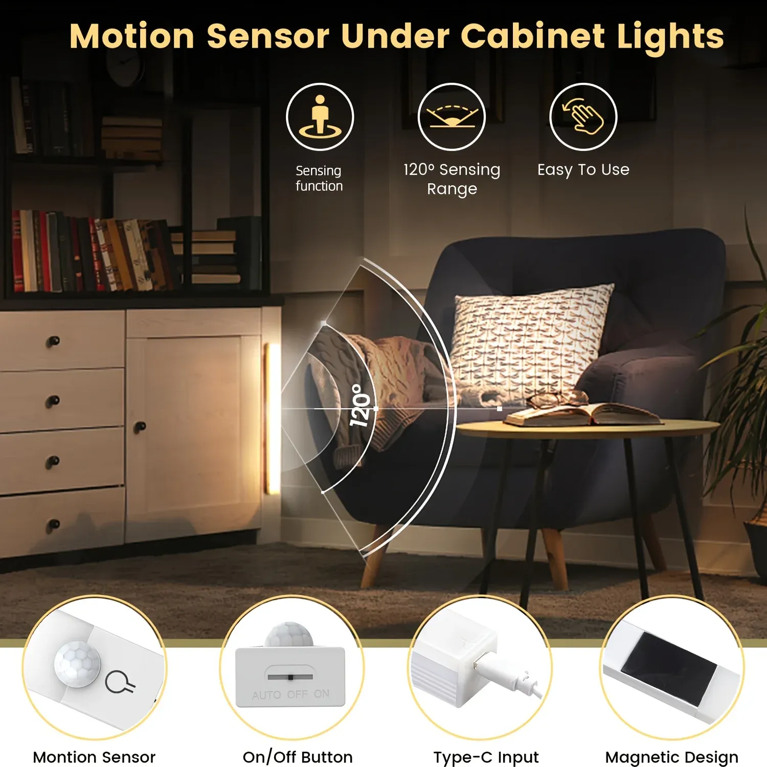 Veilleuse LED à détecteur de mouvement, lot de 3, éclairage d'armoire à intensité variable, rechargeable par USB, 3 modes de couleur, pour chambre, escalier, cuisine et autres pièces 6