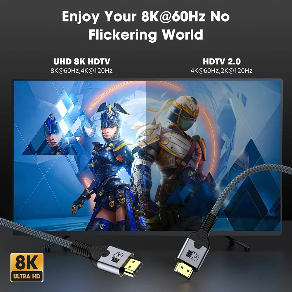 Câble HDMI 2.1 8K haute vitesse 48 Gbps, compatible HDR, 8K/60 Hz et 4K/120 Hz, pour téléviseur HDTV, 3 m ou 5 m 3