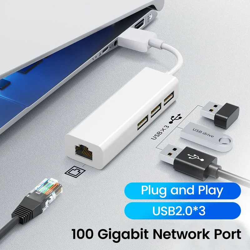 Adaptateur USB Ethernet RJ45 avec hub 3 ports USB 2.0 pour MacBook, Windows et PC