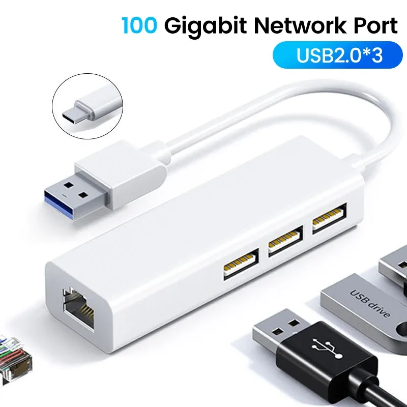 Adaptateur USB Ethernet RJ45 avec hub 3 ports USB 2.0 pour MacBook, Windows et PC 2