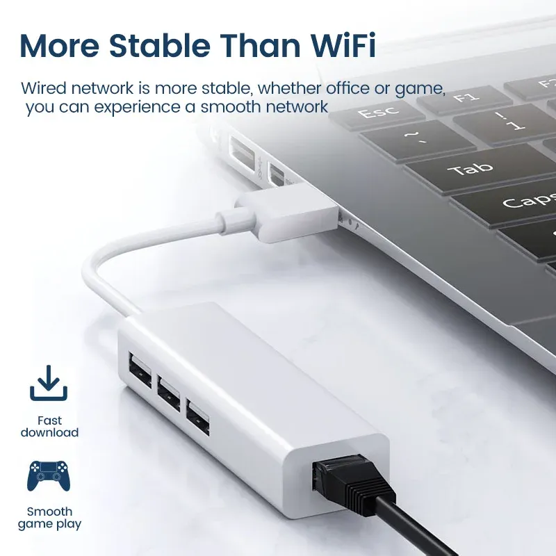 Adaptateur USB Ethernet RJ45 avec hub 3 ports USB 2.0 pour MacBook, Windows et PC 5