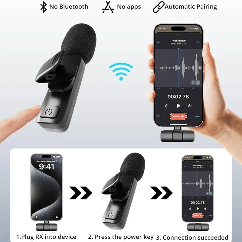 Microphone Lavalier sans Fil pour iPhone et iPad, Micro d'Enregistrement Vidéo avec Réduction du Bruit pour Interviews, Podcasts et Vlogs 4