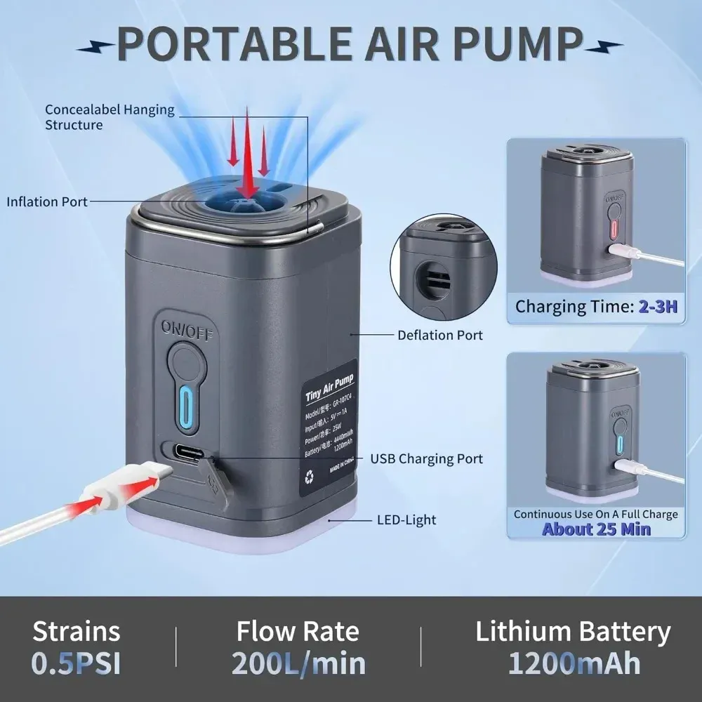 Mini pompe à air portable avec batterie rechargeable USB 1300 mAh, pour gonflage et dégonflage de flotteurs de piscine, matelas pneumatiques et sacs de rangement sous vide 2