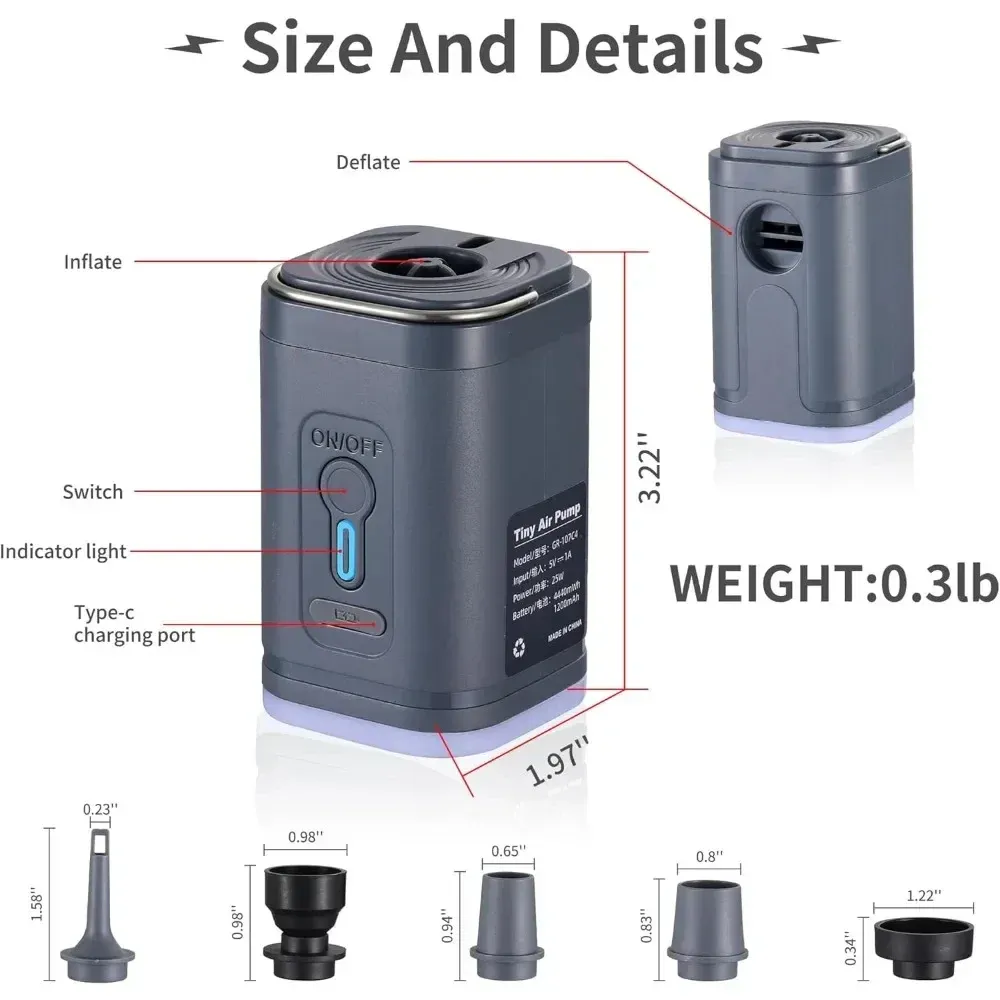 Mini pompe à air portable avec batterie rechargeable USB 1300 mAh, pour gonflage et dégonflage de flotteurs de piscine, matelas pneumatiques et sacs de rangement sous vide 6