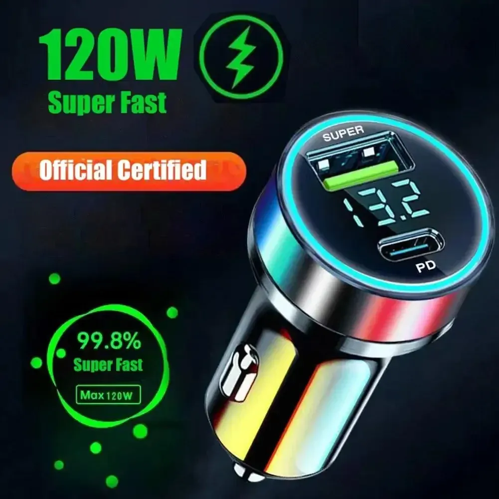 Chargeur de voiture USB-C PD 120 W à charge rapide, compatible QC 3.0, pour iPhone 15, Xiaomi et Samsung 3