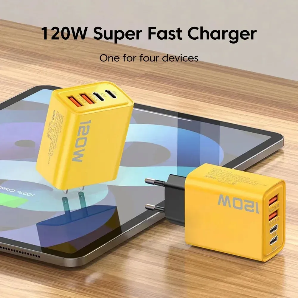 Station de charge rapide USB-C 4 ports 120 W, adaptateur mural PD QC 3.0, câble de données pour iPhone, Samsung, Xiaomi, Huawei, prise EU, US, UK, voyage 2