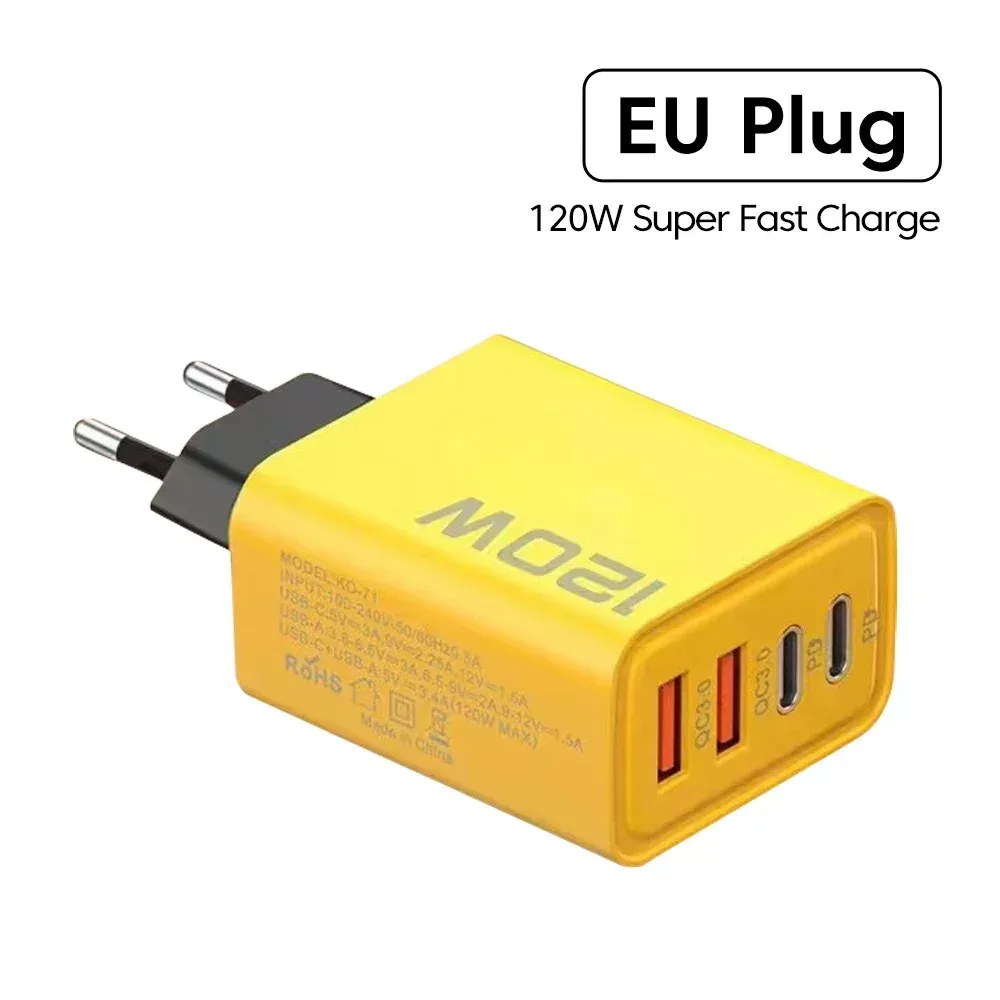 Station de charge rapide USB-C 4 ports 120 W, adaptateur mural PD QC 3.0, câble de données pour iPhone, Samsung, Xiaomi, Huawei, prise EU, US, UK, voyage 11