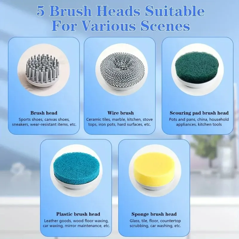 Épurateur électrique rotatif rechargeable avec 5 têtes de brosse interchangeables et 3 vitesses réglables 3