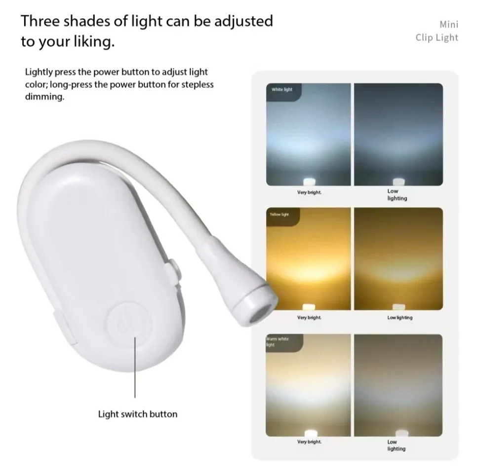 Mini lampe de lecture LED rechargeable à clip réglable à 360° Flip Study, 3 couleurs, protection oculaire 3