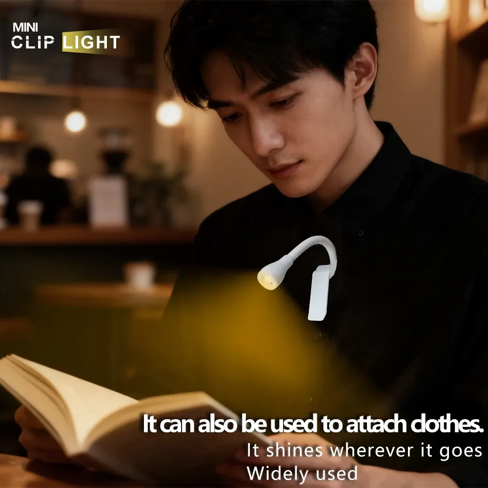 Lampe de lecture LED clipsée sur un vêtement