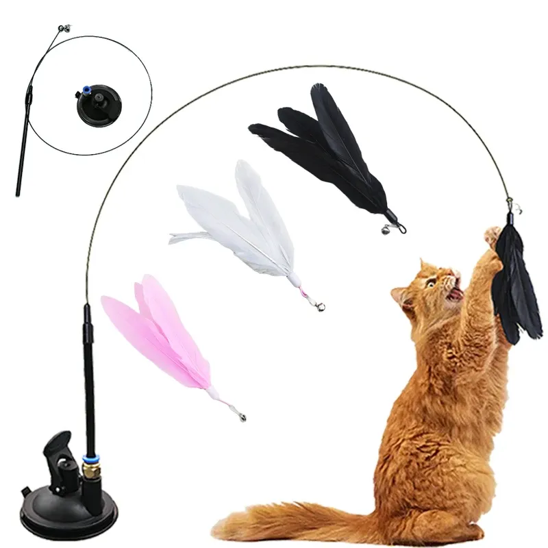 Baguette teaser interactive mains libres avec plume pour chat et chaton, à ventouse