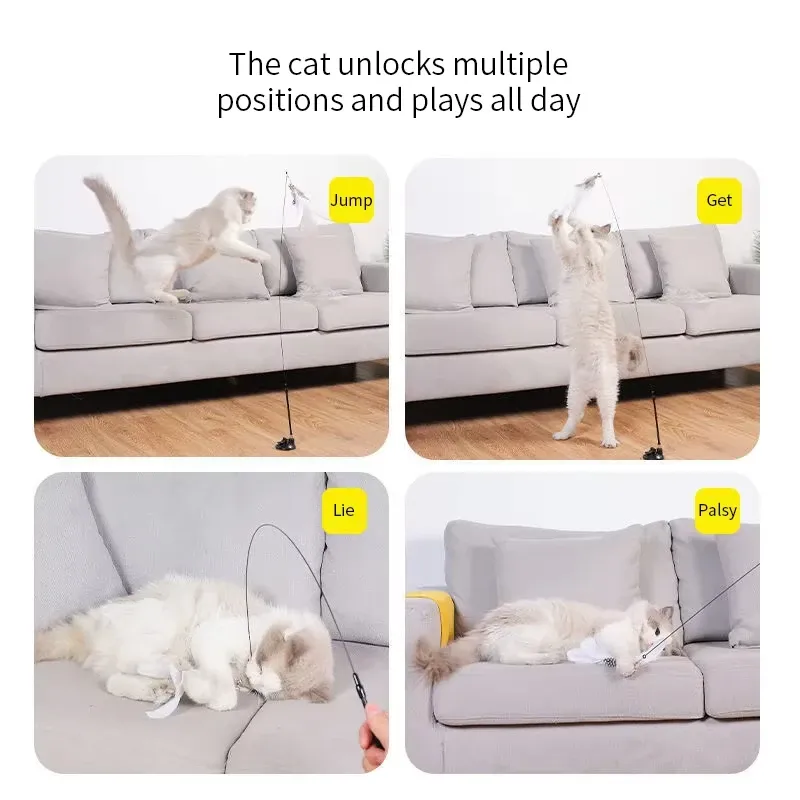 Baguette teaser interactive mains libres avec plume pour chat et chaton, à ventouse 4