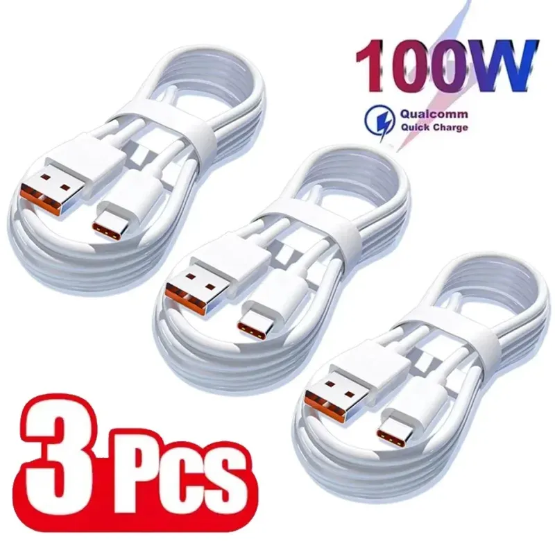 3 pièces 6A 100W Câble de charge USB-C Super rapide avec câble de données pour Samsung, Huawei, Xiaomi, Redmi